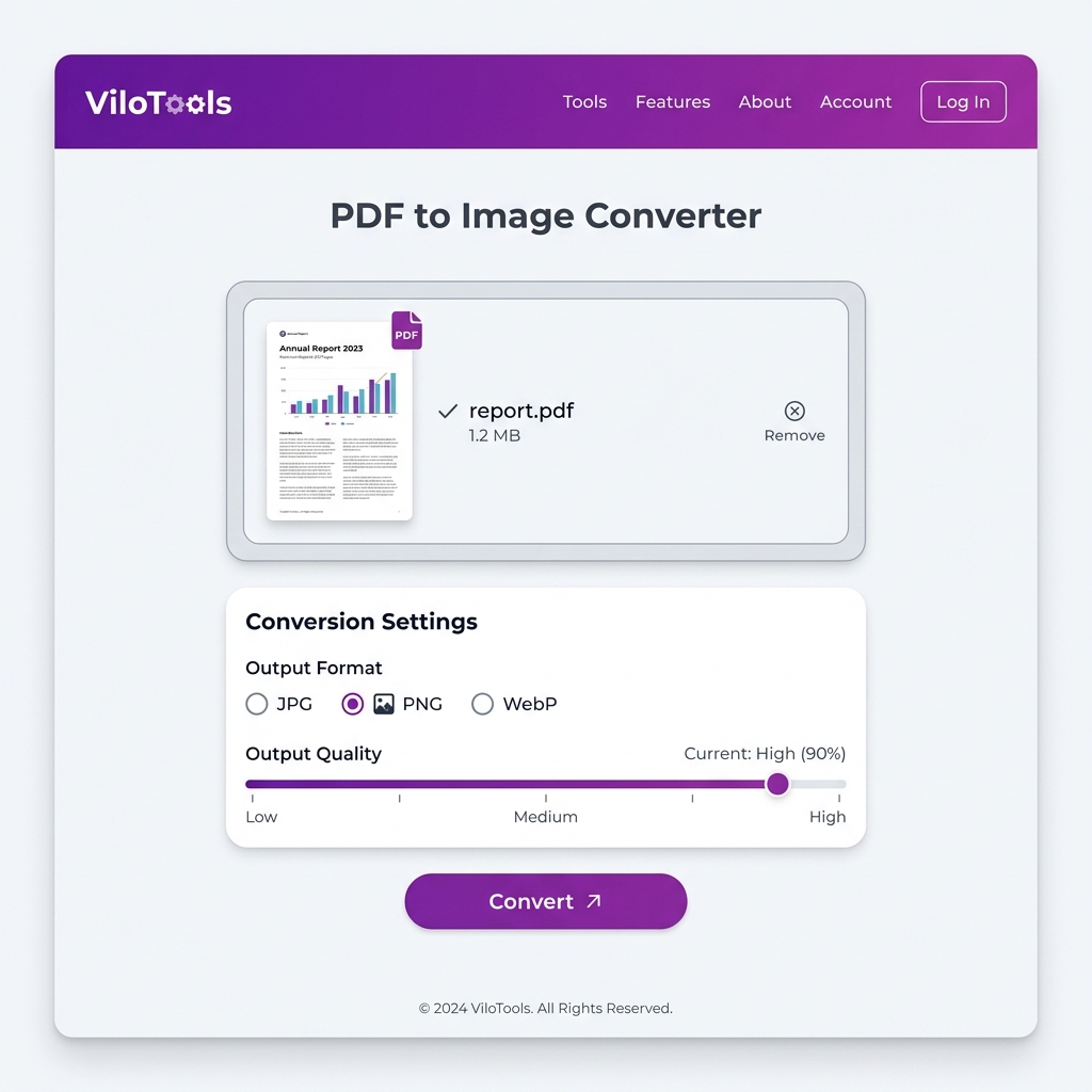 ViloTools free PDF to Image converter interface showing upload and JPG format selected.