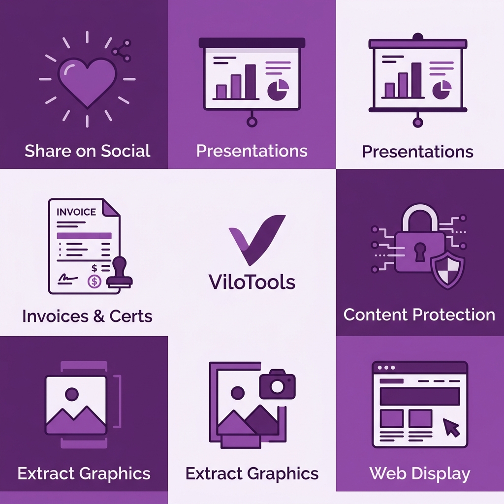 Infographic of six reasons to convert PDF to image: social sharing, presentations, invoices, security, graphics extraction, web display.