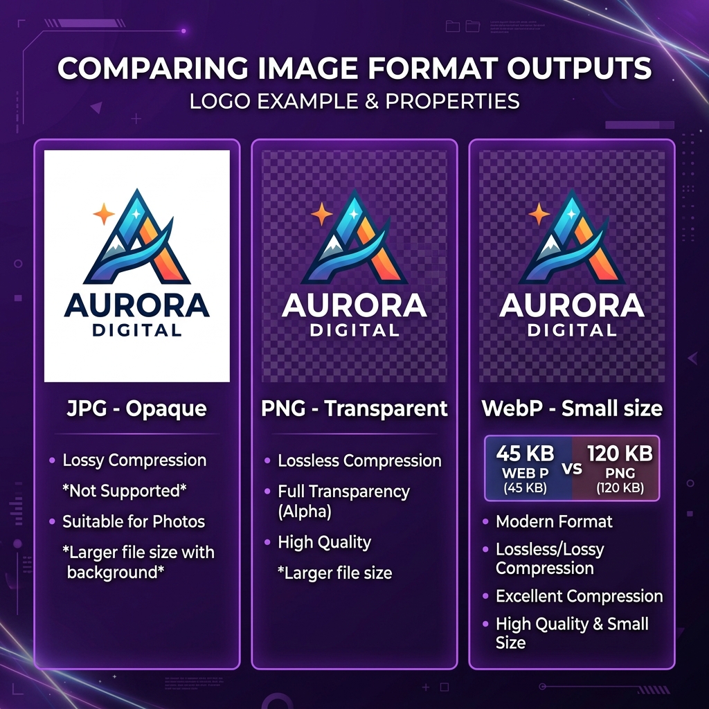 Comparison of JPG, PNG, and WebP output for a logo, showing transparency and file size differences.